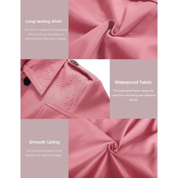 Women's Pink Waterproof Trench Coat with Classic Lapel and Belted Design - Picture 6 of 6